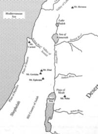 Black-and-white line map with white land, dark printed outlines, hatched seas and lakes, solid wavy river lines, and filled black peak symbols for mountains.
