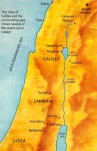 Full-color hand-drawn style with pale teal hydrography, dark teal water outlines, red city dots, and warm yellow-orange manually shaded land.