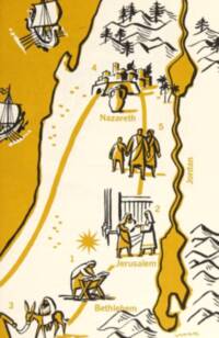 Pictorial two-color map style with ocher water and journey routes, cream land, and heavy black hand-drawn coastlines, hills, and narrative scenes.