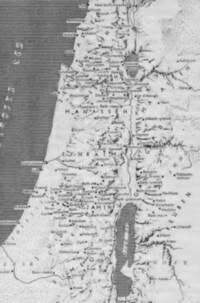 Monochrome bare-earth Bible atlas style with manual shaded relief, dense horizontal hatching for seas, many filled-dot settlement labels, and large spaced tribal or regional names.
