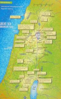 Bright full-color children’s atlas style with mottled artistic landcover, cyan-blue water, large blue-purple regional names, dark city labels with dots, and many pale yellow boxed event callouts connected by leader lines.