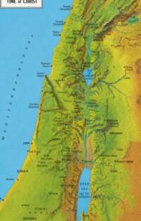 The map uses a painterly landcover basemap with manual shaded relief, bright blue water, blue drainage, and dense black settlement labeling.