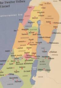Flat pastel Bible atlas map with colored tribal and neighboring regions, blue-gray water, red city symbols, and dark sans-serif labeling.