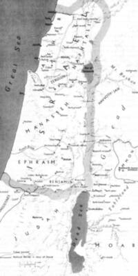 Monochrome flat Bible atlas map with manual shaded relief, dotted political and tribal boundaries, hatched border bands, gray water bodies, and dark serif labeling.