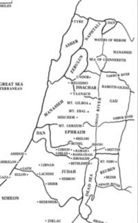 Monochrome black-and-white line map with tribal regions, settlement dots, mountain triangles, labeled rivers, and white unprinted water areas.
