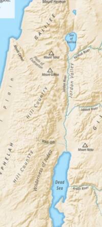 Modern shaded-relief Bible atlas style with warm cream land, pale blue water, dark gray labeling, and sparse open-triangle mountain symbols.
