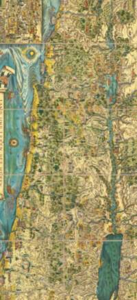 Pictorial landcover map with hand-lettered labels, dense illustrated hill relief, blue-green water, and numerous colored city vignettes.