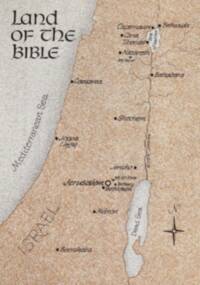 Two-color patterned atlas style with tan textured land, gray stippled water, and dark brown-black calligraphic labels and symbols.