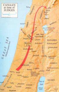 Relief-style tan landcover with orange-brown manual hill shading under dark serif labels; a prominent red migration arrow crosses the tribal regions.