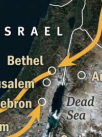 Satellite imagery base with overprinted white political boundaries, pale city labels with open-circle symbols, a large country label, and broad orange movement arrows.