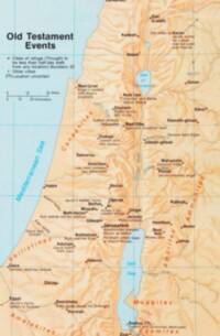 Full-color flat Bible atlas map with pale blue water, tan land, cyan graticule, manual orange relief shading, dark city and annotation text, and orange-brown people-group labels.