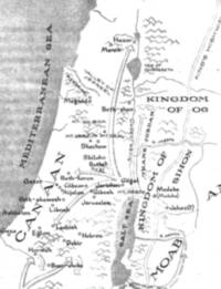 Monochrome printed map with stippled gray water, white land, hand-drawn hill relief, dotted political boundaries, and pale gray movement arrows.