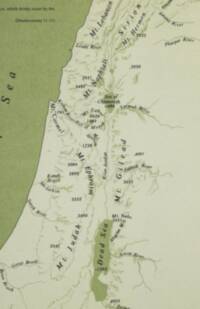 Two-color physical Bible atlas map with pale land, olive water and relief shading, and predominantly dark serif italic cartographic labeling.