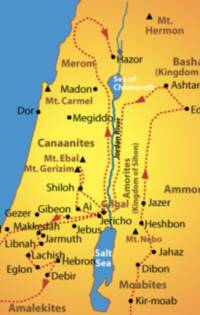 Cropped map uses a warm yellow-to-orange land background, flat blue water, black city dots, black mountain triangles, and red dotted directional routes with arrowheads.