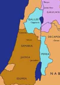 Flat, brightly colored regional map with solid water, filled political or cultural regions, and dark outlines.