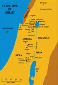 Flat-color Bible atlas map with yellow land, bright blue water, brown regional areas, and black sans-serif labeling. Italic type is used for water, mountains, the Jordan River, and the PHOENICIA regional label.