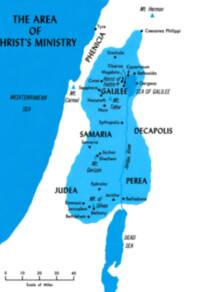 Flat, high-contrast thematic Bible map with white land/background, bright blue water, light cyan regional fill, black labeling, black city dots, and blue triangular mountain symbols.