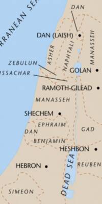 Flat atlas style with beige land, pale blue water, brown dashed regional boundaries, black city dots, and black typography.