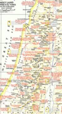 Dense National Geographic atlas styling with black place-name hierarchy, red biblical-event annotations, pale regional tinting, gray graticule, and manually shaded highland relief.