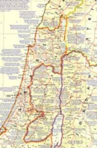 Cropped view of a full-color National Geographic style Bible lands map with pale cream land, manual shaded relief, dense settlement labeling, orange-brown route lines, and prominent country names set in large vertical spaced capitals.