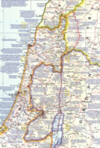 National Geographic-style full-color flat map with dense Bible-history annotations, graticule, road network, political boundary bands, and manual gray-brown relief shading.