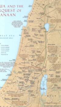 The map uses a pale cyan water palette over a tan shaded land base, with dense black city labeling and colored campaign routes overprinted across Canaan.