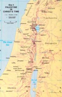 Full-color flat atlas map with pale blue water, yellow-tan land, cyan graticule, and hand-drawn brown relief shading.
