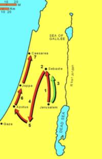 The map uses a flat, high-contrast schematic style with bright yellow land, cyan water, heavy black outlines, black city dots, and large colored directional arrows.