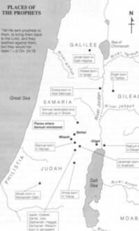 Monochrome flat Bible atlas map using gray water areas, white land, dark text, filled city dots, sinuous river lines, regional boundary lines, and boxed prophet-location callouts.