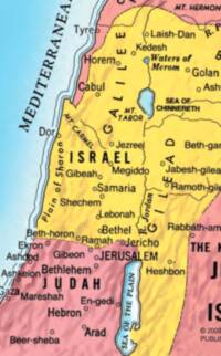 Full-color Bible atlas map with pastel regional fills, pale blue water, dark labels, open-circle city symbols, and digital shaded relief texture.