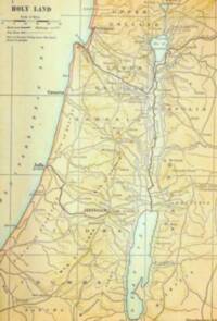 Full-color flat Bible atlas map with pale water, cream land, brown linework, manual relief shading, graticule, dense settlement labels, and large spaced regional names.