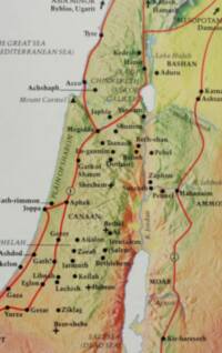Full-color landcover base with manual hill shading and a thick red numbered route network over the Levant.