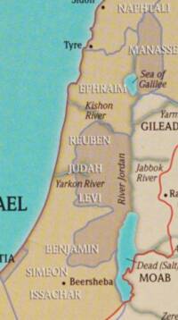 Flat full-color Bible atlas style with turquoise water, warm tan regional fills, solid river lines, dark city labels with filled-dot symbols, and large all-capital region names.