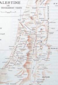 Two-color flat Bible atlas map with pale blue-gray water, muted gray typography, warm sepia linework, and manual shaded relief.