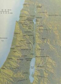 Relief map with hypsometric elevation tints and manual shaded terrain; labels and point symbols are printed in a dark gray-green ink over muted blue-green water and olive-tan land.