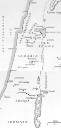 Monochrome Bible atlas map using black and gray linework, stippled water margins, italic serif settlement labels, and widely spaced all-cap regional names.