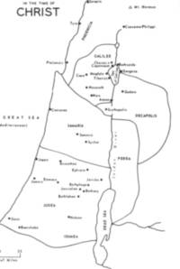 Monochrome flat Bible atlas map using dark gray-black linework and lettering over an unprinted white surface, with region outlines, city dots, outlined water bodies, and a single mountain triangle symbol.
