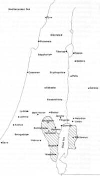 Monochrome flat atlas map with black linework, black labels, white/unprinted land and water surfaces, settlement point symbols, and a few diagonally hatched enclosed areas.