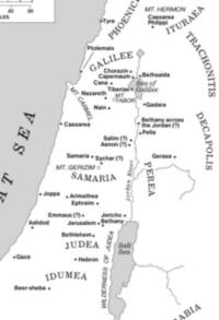 Monochrome flat Bible atlas map with gray water, white land, black labels, filled city dots, and thin gray coastlines and regional boundaries.