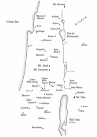 Monochrome black-and-white atlas map with flat white land, black labels and linework, stippled shore and water textures, filled-dot city symbols, and filled-triangle mountain symbols.