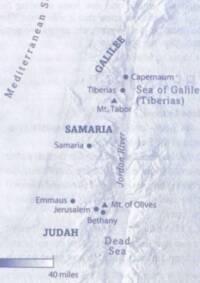 Monochrome blue-gray Bible atlas map with flat base coloring, digital shaded relief, dark blue-gray labels, filled city dots, and filled triangular mountain symbols.