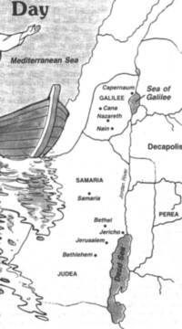 Monochrome flat Bible-atlas map with white land, gray water, dark labels, city dots, regional boundaries, and pictorial boat-and-water artwork along the Mediterranean coast.