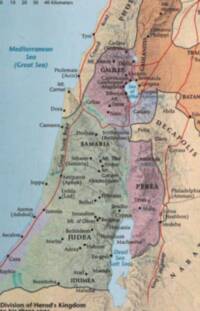Full-color Bible atlas style with shaded terrain, landcover tinting, colored regional overlays, blue water bodies, red-orange routes, and dark brown-black labeling.
