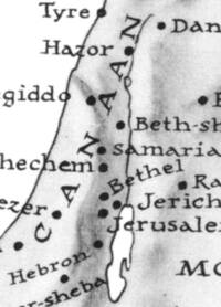 Monochrome Bible atlas crop with gray land tint, darker manual relief shading, black text, black point symbols, and white unprinted water bodies.