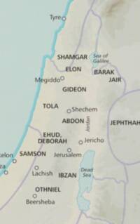 Crop shows western and central Palestine with all-caps thematic human-region labels over a subdued hypsometric/satellite base and lavender boundary bands.