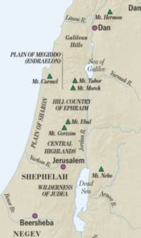 The map combines a warm beige shaded-relief land surface with pale blue water, dark labels, green triangular mountain symbols, and purple city dots.