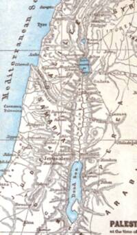 Two-color atlas style with pale blue water, cream land, dark brown-gray labels and linework, and dense gray-brown manual hachures for relief.