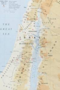 Full-color Bible atlas map with hypsometric elevation tints, soft manual shaded relief, pale blue water, dark gray place and region labels, red fortified-place squares, and red Roman numerals for Solomon's administrative districts.