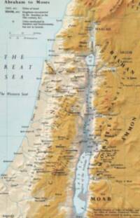 Full-color relief map with pale blue waters, ochre hypsometric land tints, shaded mountains, dark brown serif labeling, and fine grid and boundary lines.