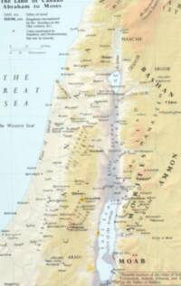 Full-color Oxford atlas style with pale cyan water, hypsometric elevation tints, manual hill shading, fine pale grid lines, and dense serif labeling for biblical regions, towns, rivers, and terrain.
